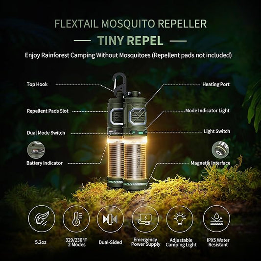 Rechargeable Tiny Mosquito Repeller 329°F Heating 30ft Protection Zone Ultra Mini with Camping Light Magnetic Design for Outdoor Camping Backpacking