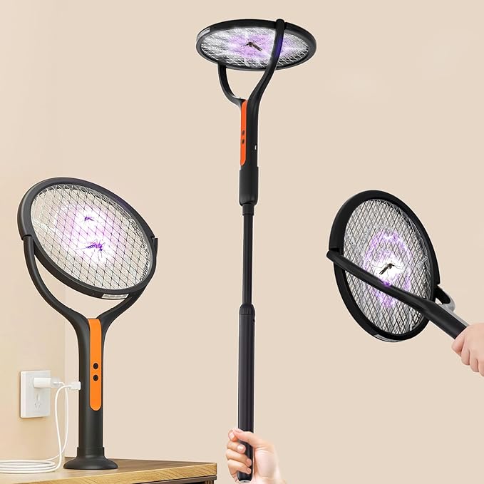 Rotating Head Electric Fly Swatter, 2800V Bug Zapper with Telescopic Extension, 3-in-1 Rechargeable Mosquito Racket for Handheld/Standing/Wall Mount Use - Indoor Outdoor