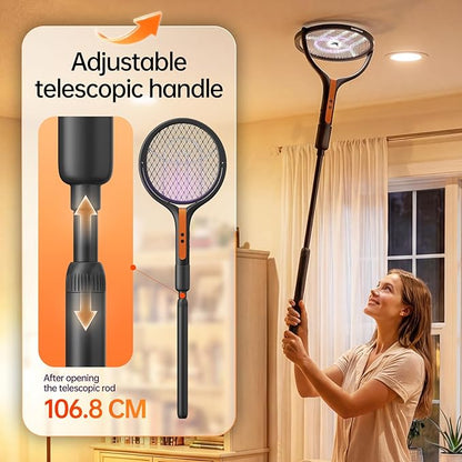 Rotating Head Electric Fly Swatter, 2800V Bug Zapper with Telescopic Extension, 3-in-1 Rechargeable Mosquito Racket for Handheld/Standing/Wall Mount Use - Indoor Outdoor
