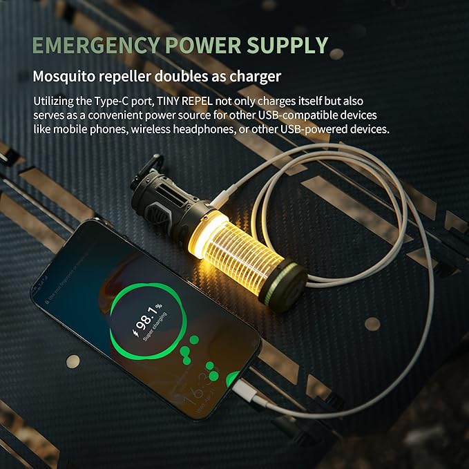 Rechargeable Tiny Mosquito Repeller 329°F Heating 30ft Protection Zone Ultra Mini with Camping Light Magnetic Design for Outdoor Camping Backpacking